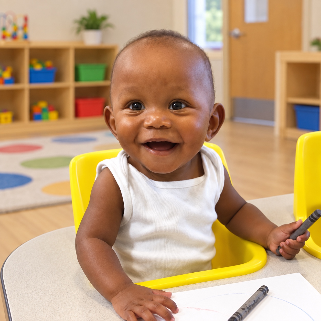 A smiling young learner creating art in the Frogs classroom