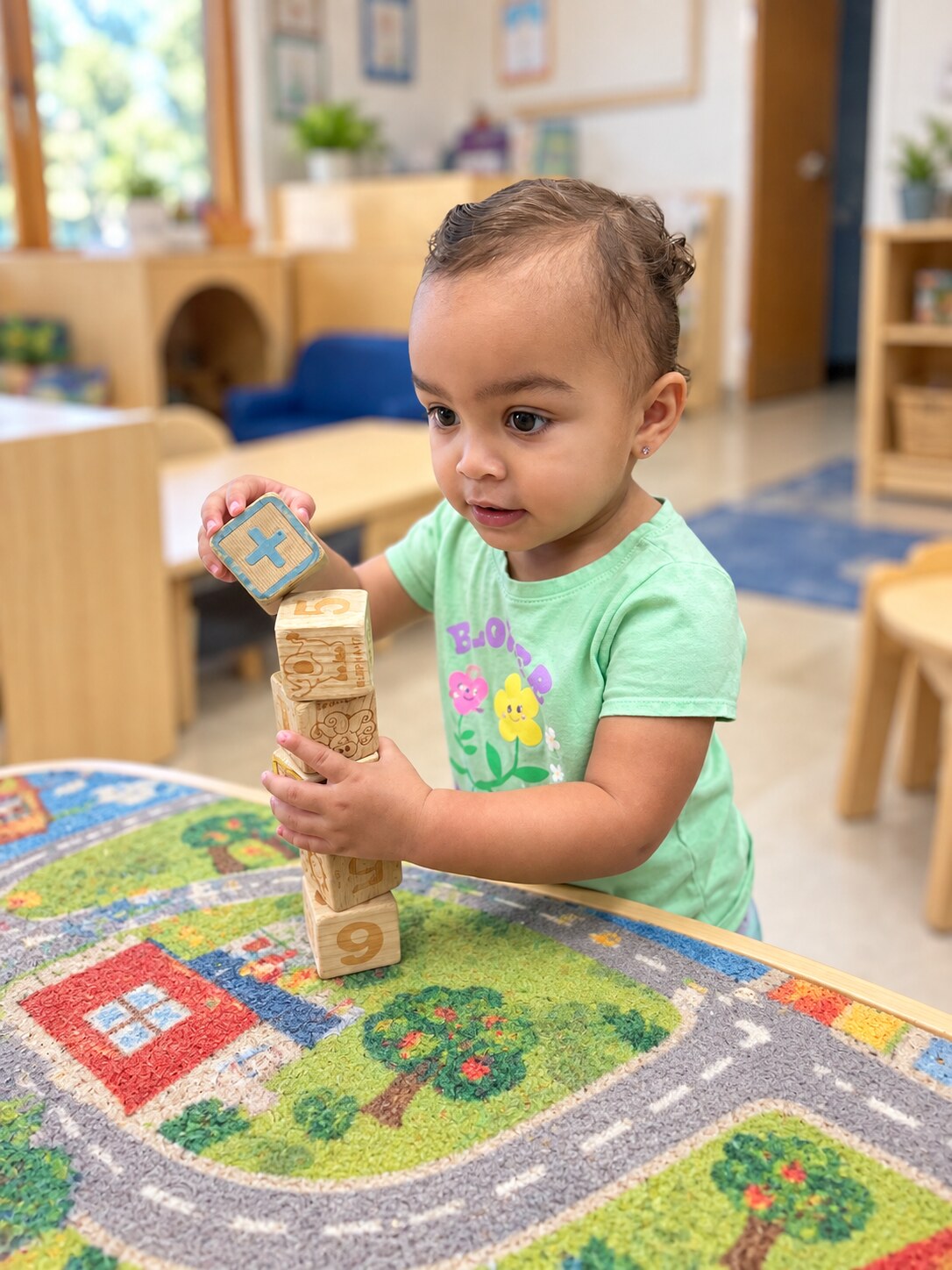A child builds and sorts blocks during classroom play.